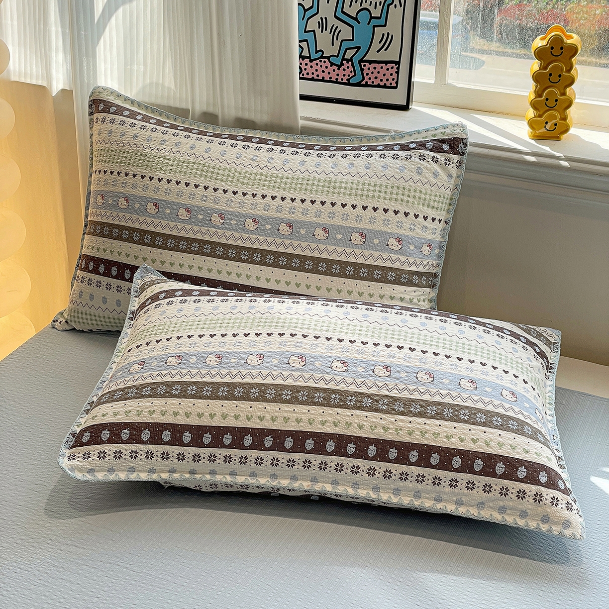 91家纺网 家纺一手货源 找家纺 奈颜 2026新款费尔岛云柔泡芙纱A类贝壳边夏被四件套-提供买家秀 猫咪集-蓝