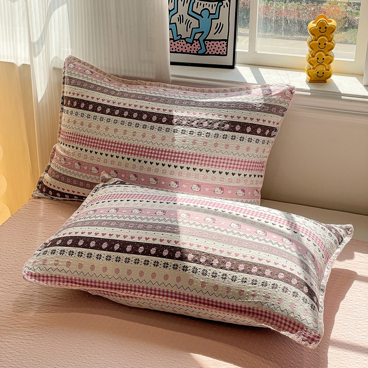 91家纺网 家纺一手货源 找家纺 奈颜 2026新款费尔岛云柔泡芙纱A类贝壳边夏被四件套-提供买家秀 猫咪集-粉