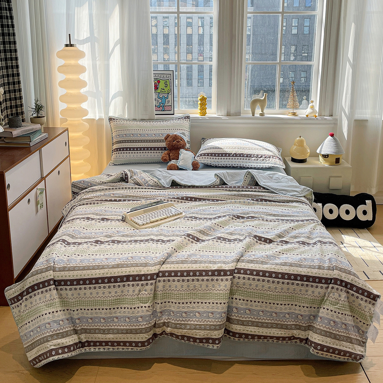 91家纺网 家纺一手货源 找家纺 奈颜 2026新款费尔岛云柔泡芙纱A类贝壳边夏被四件套-提供买家秀 猫咪集-蓝