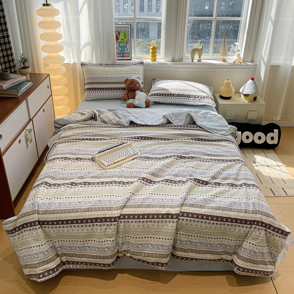 91家纺网 家纺一手货源 找家纺 奈颜 2026新款费尔岛云柔泡芙纱A类贝壳边夏被四件套-提供买家秀 猫咪集-蓝