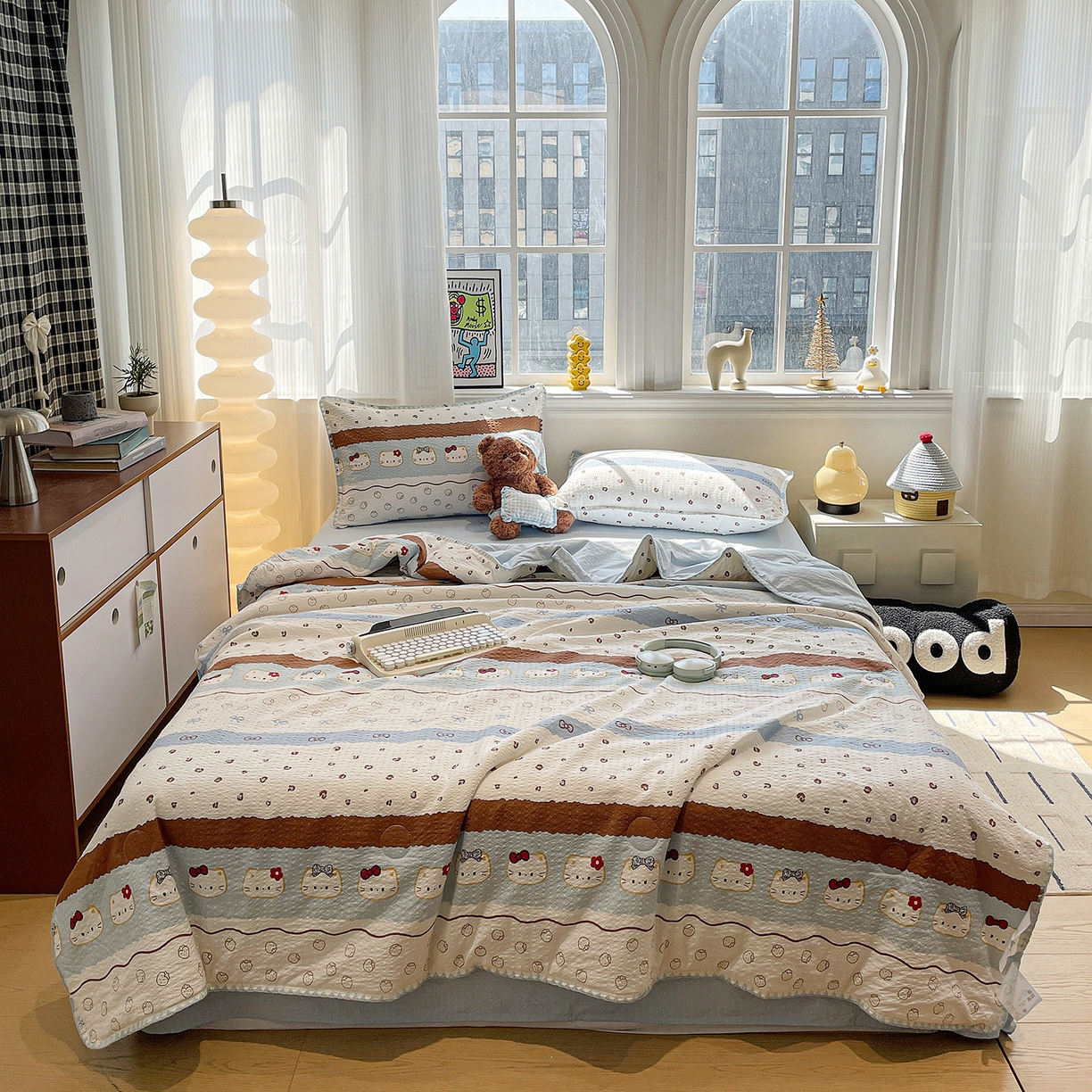 91家纺网 家纺一手货源 找家纺 奈颜 2026新款费尔岛云柔泡芙纱A类贝壳边夏被四件套-提供买家秀 可可小猫