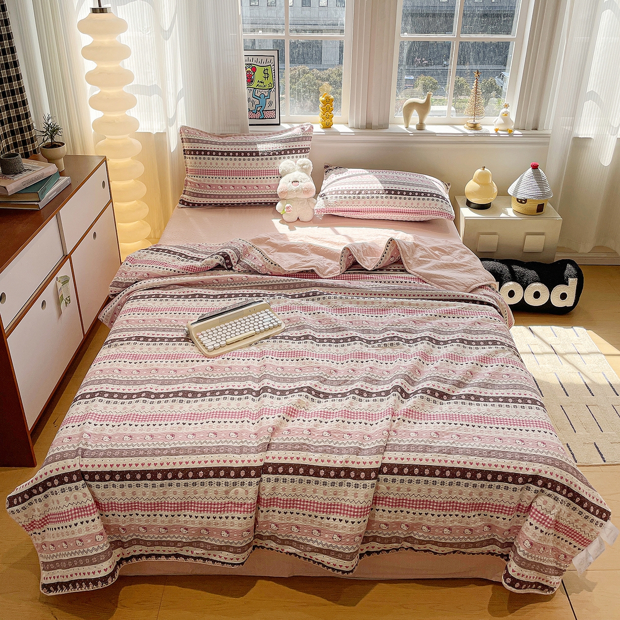 91家纺网 家纺一手货源 找家纺 奈颜 2026新款费尔岛云柔泡芙纱A类贝壳边夏被四件套-提供买家秀 猫咪集-粉