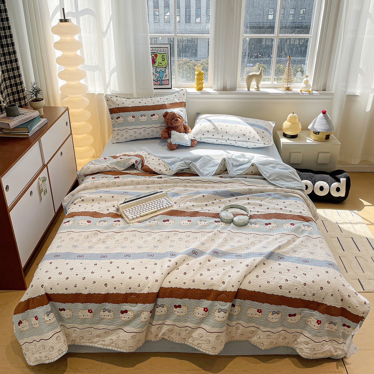 91家纺网 家纺一手货源 找家纺 奈颜 2026新款费尔岛云柔泡芙纱A类贝壳边夏被四件套-提供买家秀 可可小猫