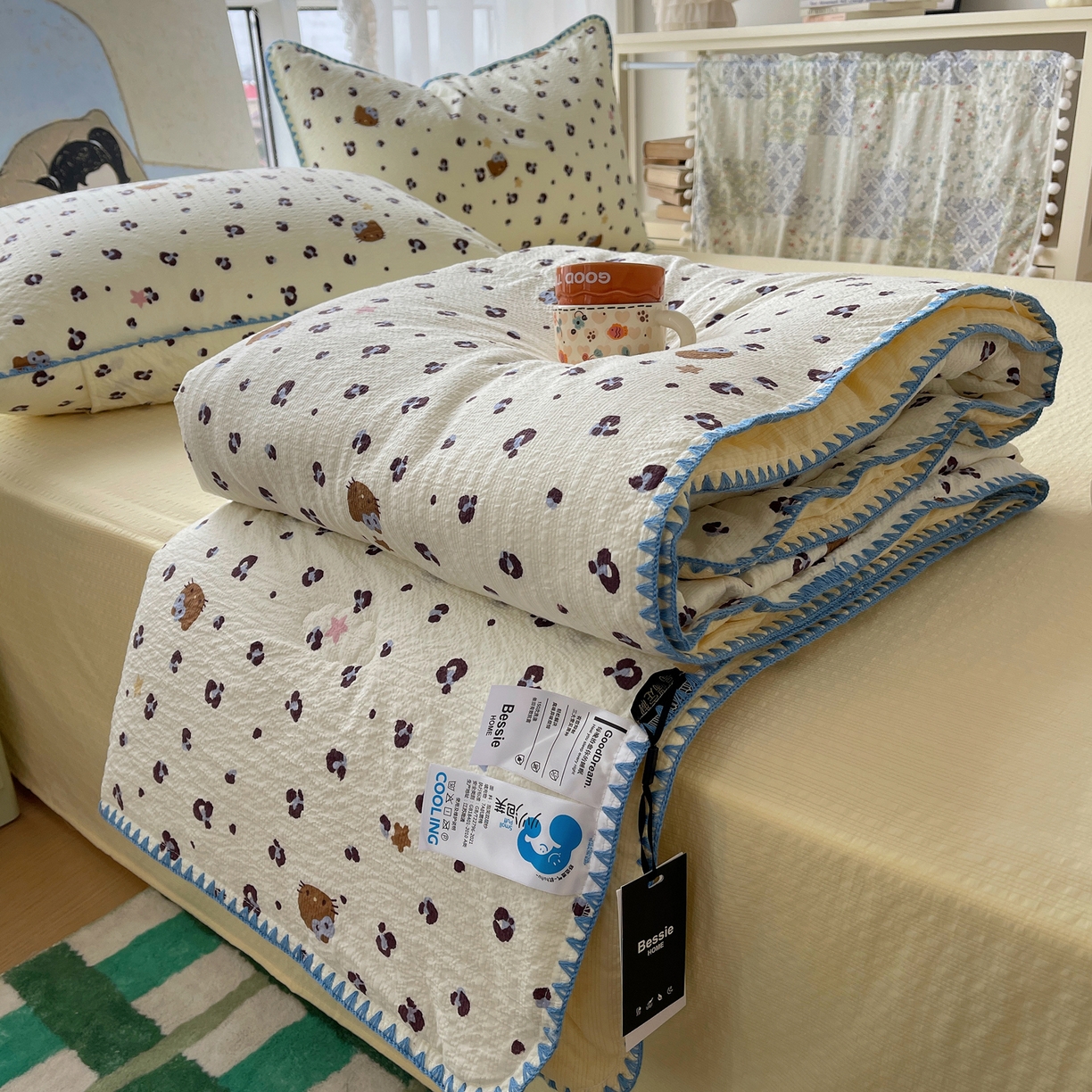 91家纺网 家纺一手货源 找家纺 （总）几禾 2026春夏新款泡芙纱贝壳边夏被夏凉被空调被四件套