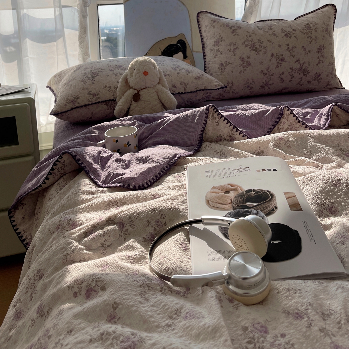 91家纺网 家纺一手货源 找家纺 几禾 2026春夏新款泡芙纱贝壳边夏被夏凉被空调被四件套 欧包-柔紫碎花屿