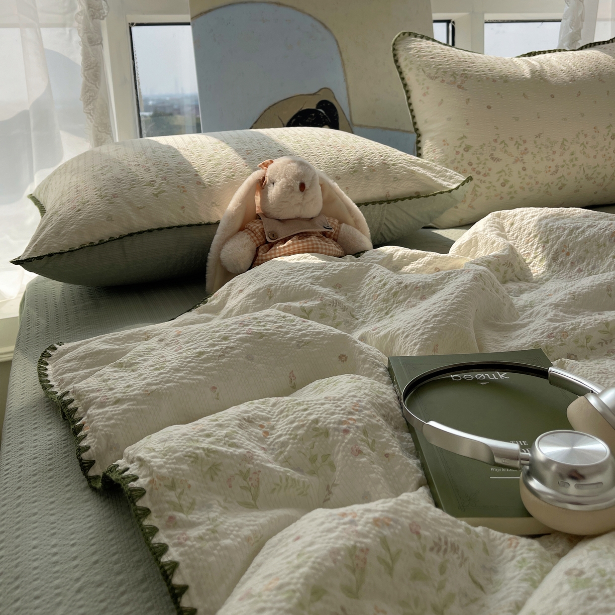 91家纺网 家纺一手货源 找家纺 几禾 2026春夏新款泡芙纱贝壳边夏被夏凉被空调被四件套 欧包-浅夏花信