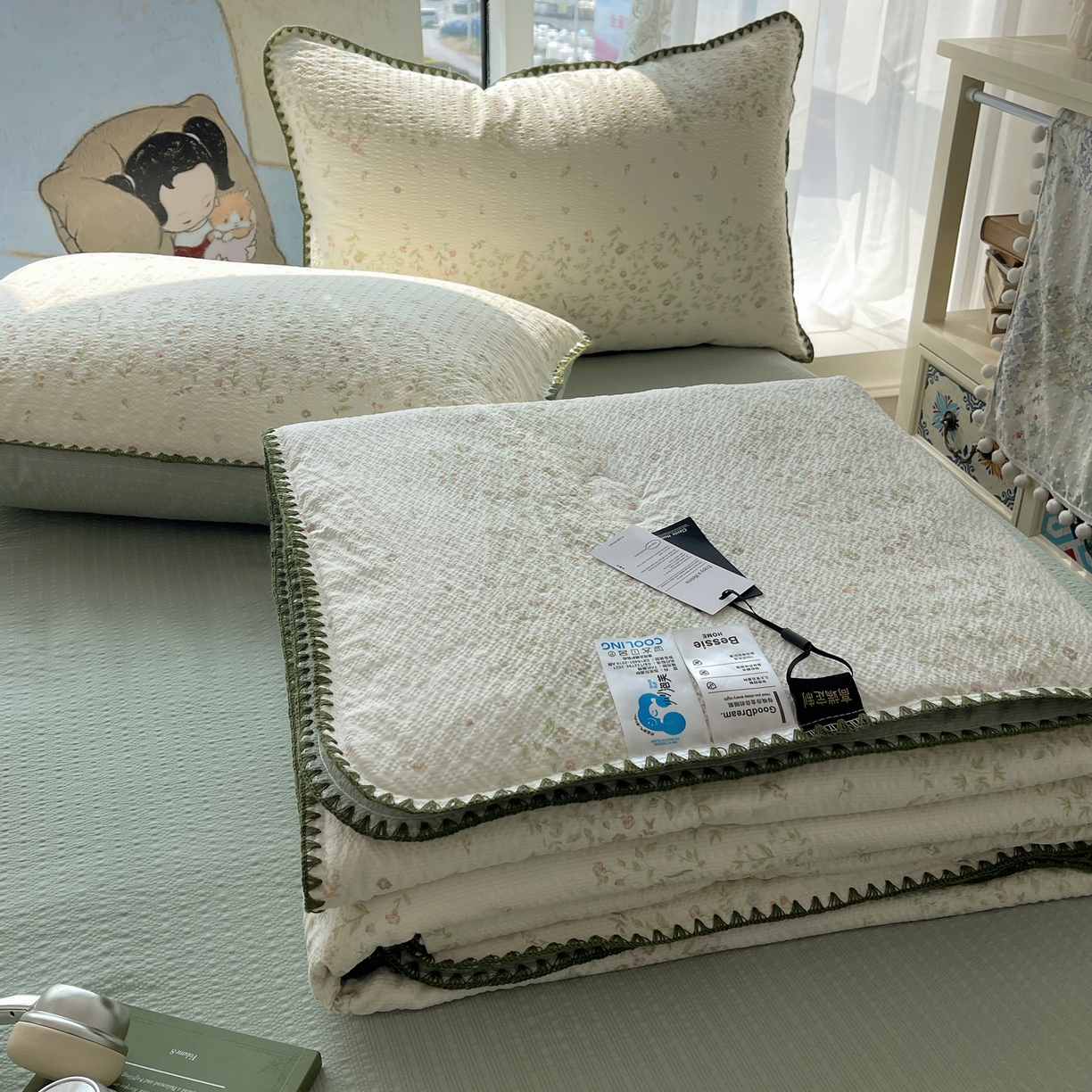 几禾 2026春夏新款泡芙纱贝壳边夏被夏凉被空调被四件套 欧包-浅夏花信