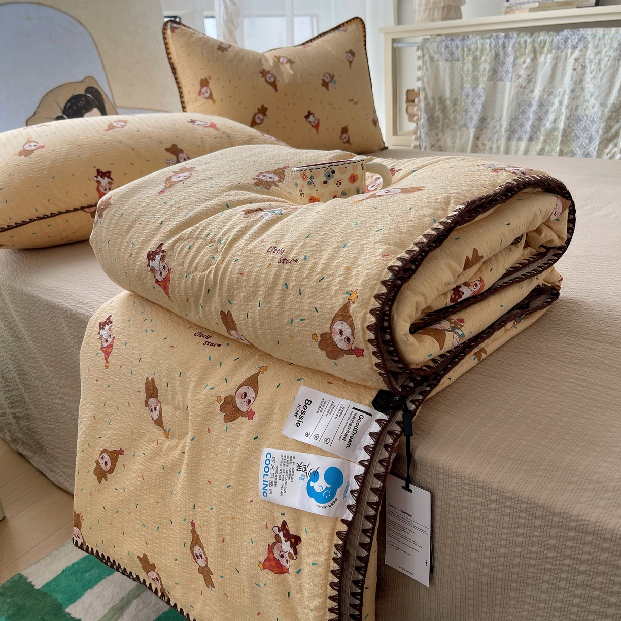 91家纺网 家纺一手货源 找家纺 几禾 2026春夏新款泡芙纱贝壳边夏被夏凉被空调被四件套 欧包-星星糖豆