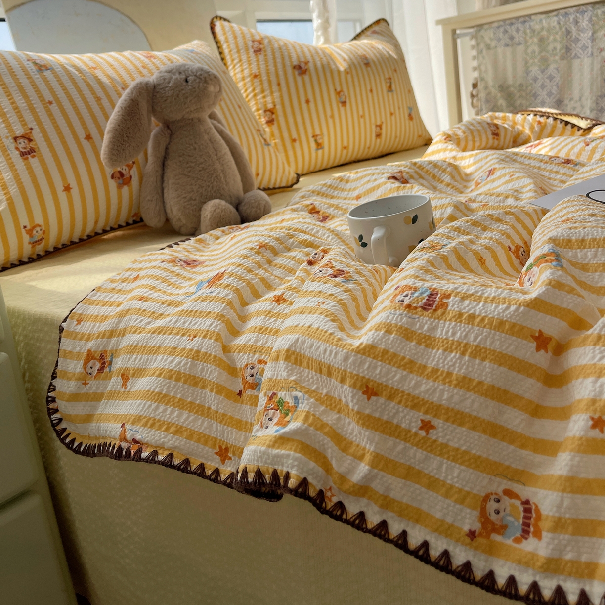 91家纺网 家纺一手货源 找家纺 几禾 2026春夏新款泡芙纱贝壳边夏被夏凉被空调被四件套 欧包-魔法星星