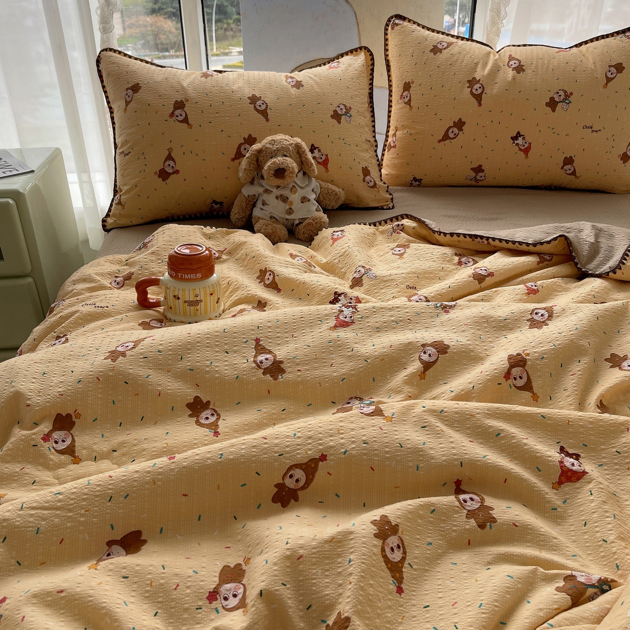 91家纺网 家纺一手货源 找家纺 几禾 2026春夏新款泡芙纱贝壳边夏被夏凉被空调被四件套 欧包-星星糖豆