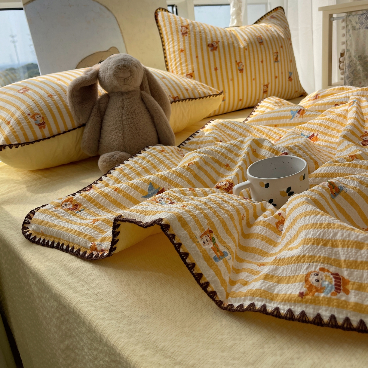 91家纺网 家纺一手货源 找家纺 几禾 2026春夏新款泡芙纱贝壳边夏被夏凉被空调被四件套 欧包-魔法星星