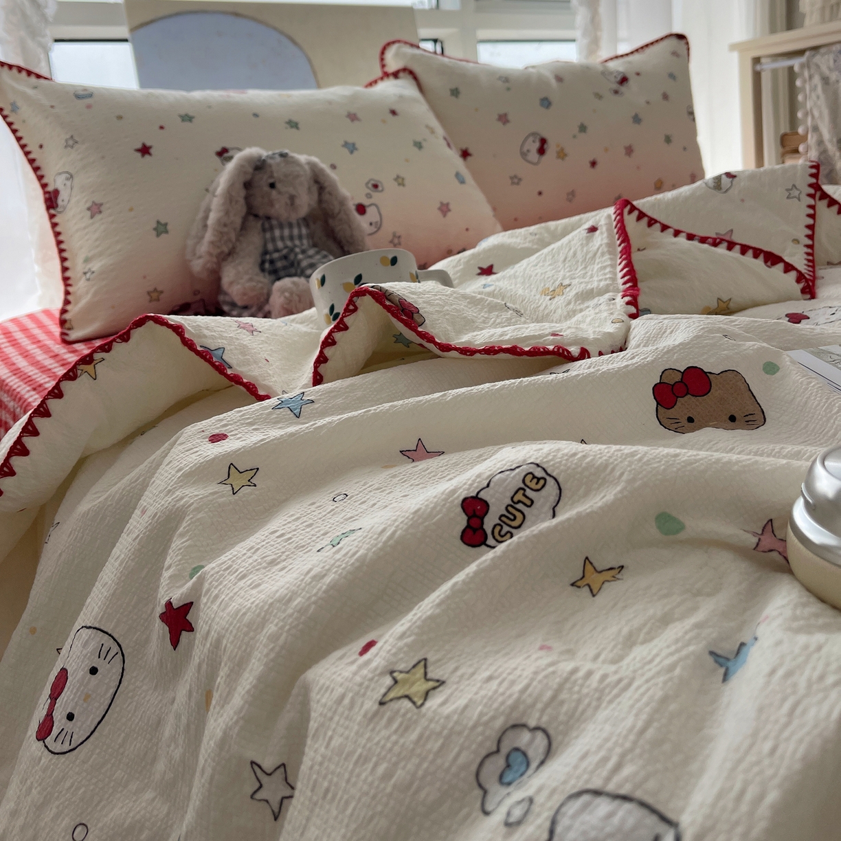 91家纺网 家纺一手货源 找家纺 几禾 2026春夏新款泡芙纱贝壳边夏被夏凉被空调被四件套 欧包-星芒凯蒂