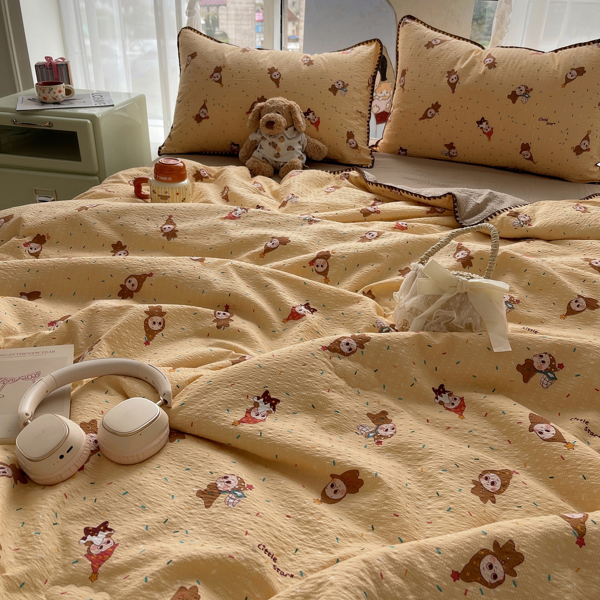 91家纺网 家纺一手货源 找家纺 几禾 2026春夏新款泡芙纱贝壳边夏被夏凉被空调被四件套 欧包-星星糖豆