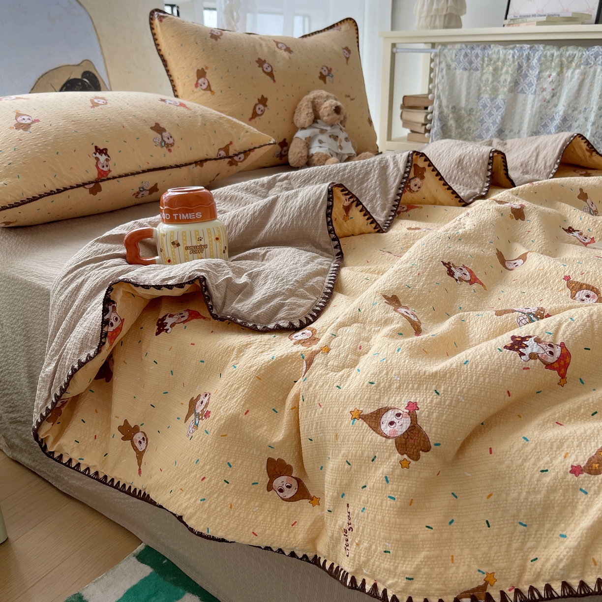 91家纺网 家纺一手货源 找家纺 几禾 2026春夏新款泡芙纱贝壳边夏被夏凉被空调被四件套 欧包-星星糖豆