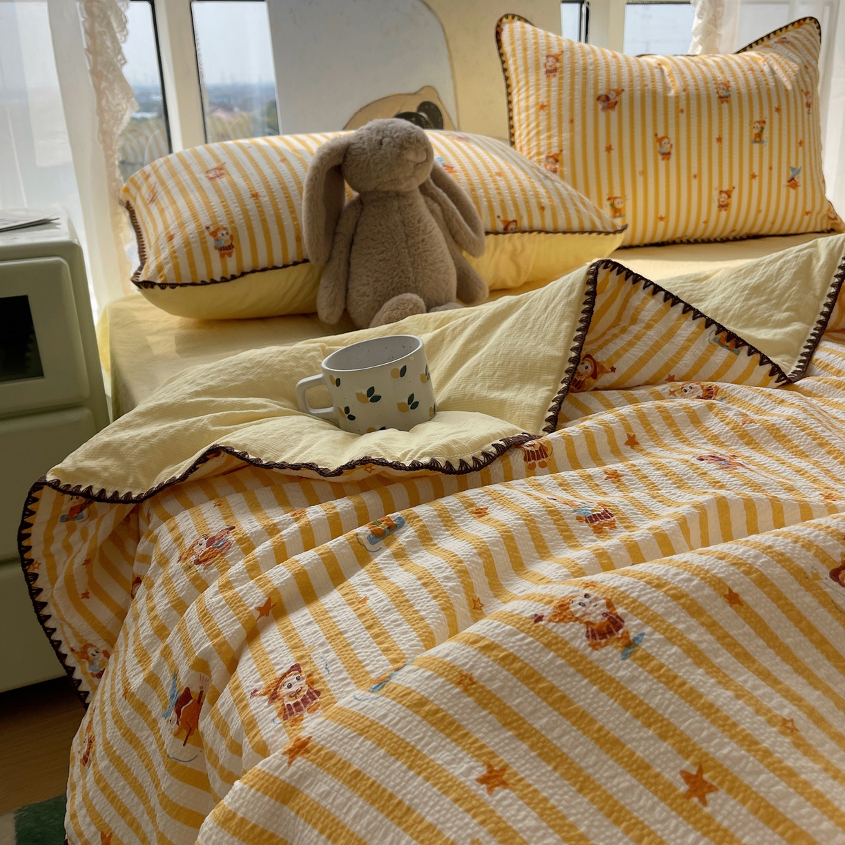 91家纺网 家纺一手货源 找家纺 几禾 2026春夏新款泡芙纱贝壳边夏被夏凉被空调被四件套 欧包-魔法星星