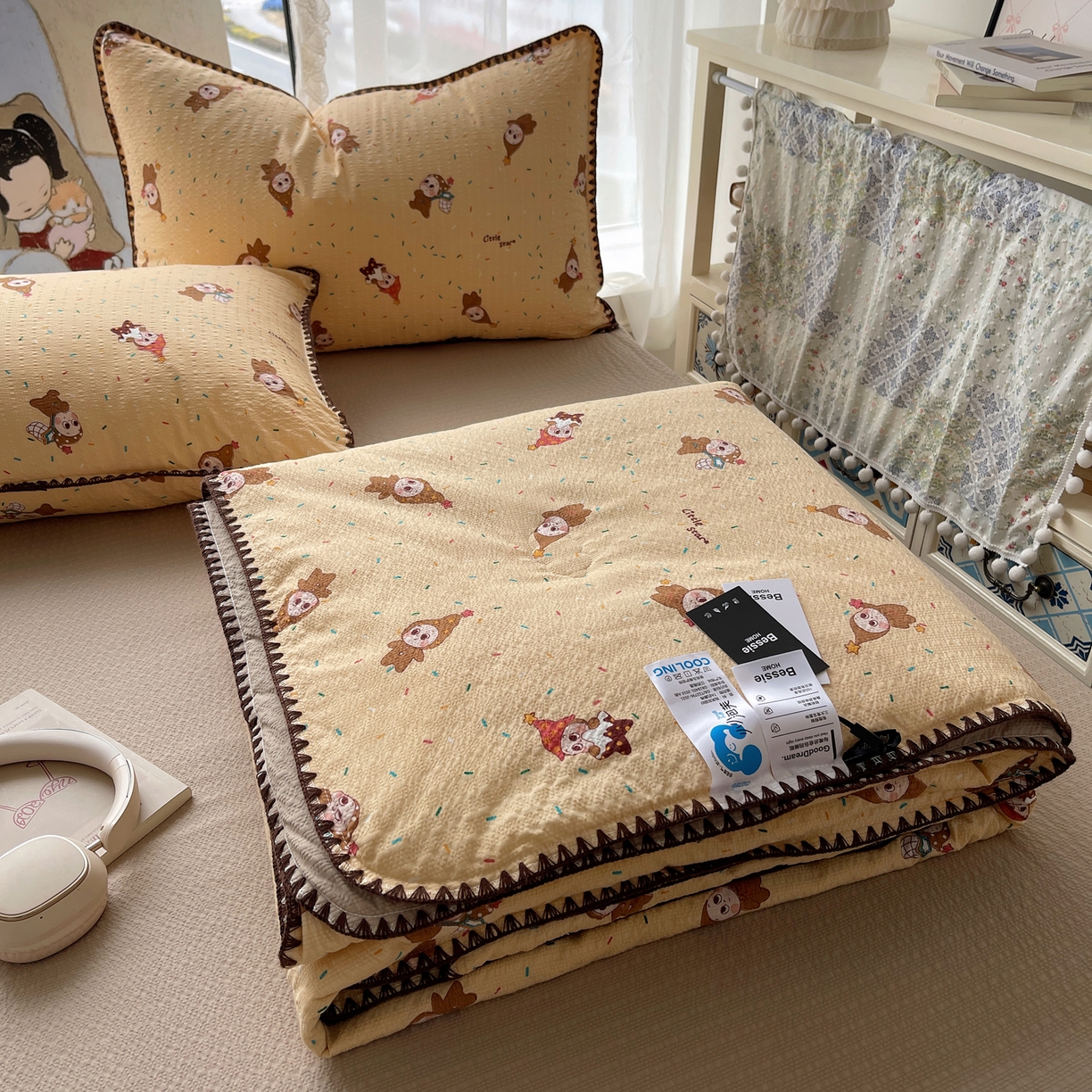 几禾 2026春夏新款泡芙纱贝壳边夏被夏凉被空调被四件套 欧包-星星糖豆