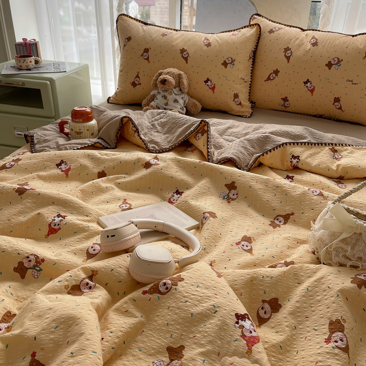 91家纺网 家纺一手货源 找家纺 几禾 2026春夏新款泡芙纱贝壳边夏被夏凉被空调被四件套 欧包-星星糖豆