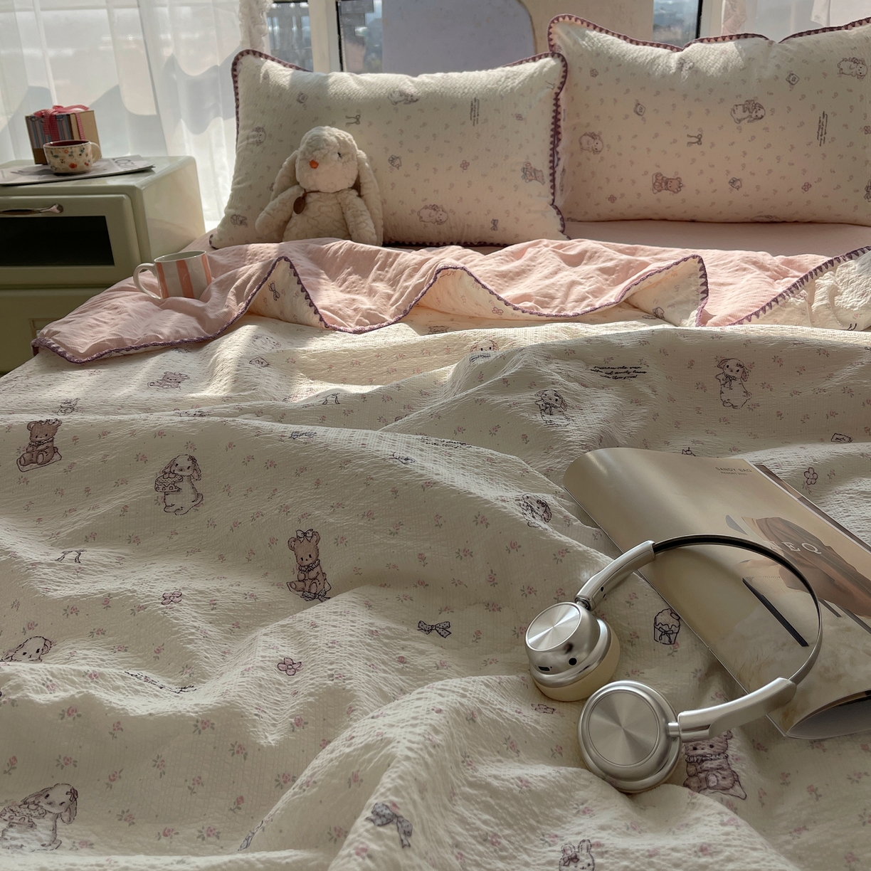 91家纺网 家纺一手货源 找家纺 几禾 2026春夏新款泡芙纱贝壳边夏被夏凉被空调被四件套 欧包-悦悦小兔