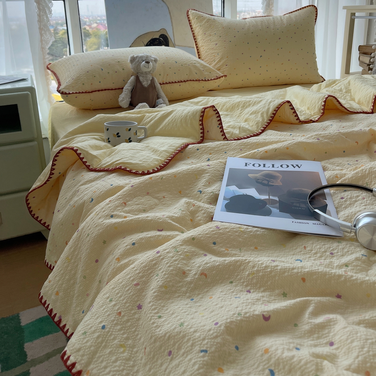 91家纺网 家纺一手货源 找家纺 几禾 2026春夏新款泡芙纱贝壳边夏被夏凉被空调被四件套 欧包-星月糖粒