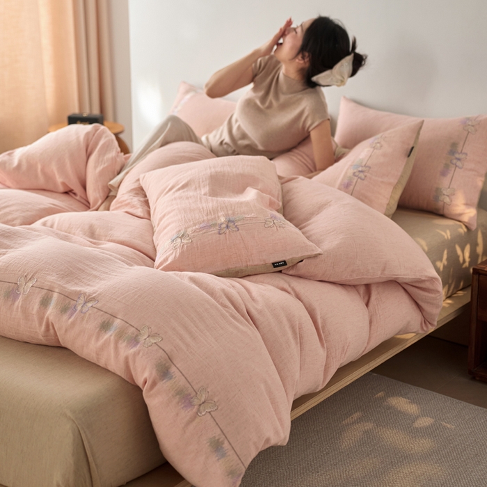 卡姿家纺 2026春夏天丝棉麻裸感超柔四件套— 梦蝶 梦蝶浅粉