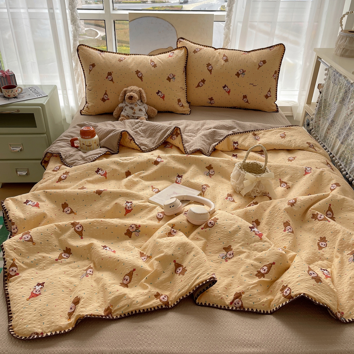 91家纺网 家纺一手货源 找家纺 几禾 2026春夏新款泡芙纱贝壳边夏被夏凉被空调被四件套 欧包-星星糖豆