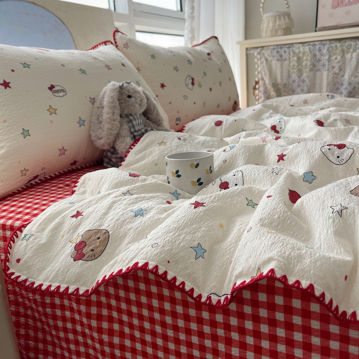 91家纺网 家纺一手货源 找家纺 几禾 2026春夏新款泡芙纱贝壳边夏被夏凉被空调被四件套 欧包-星芒凯蒂