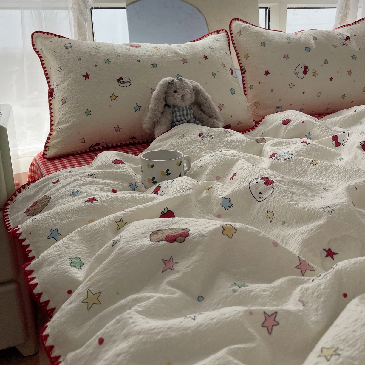 91家纺网 家纺一手货源 找家纺 几禾 2026春夏新款泡芙纱贝壳边夏被夏凉被空调被四件套 欧包-星芒凯蒂