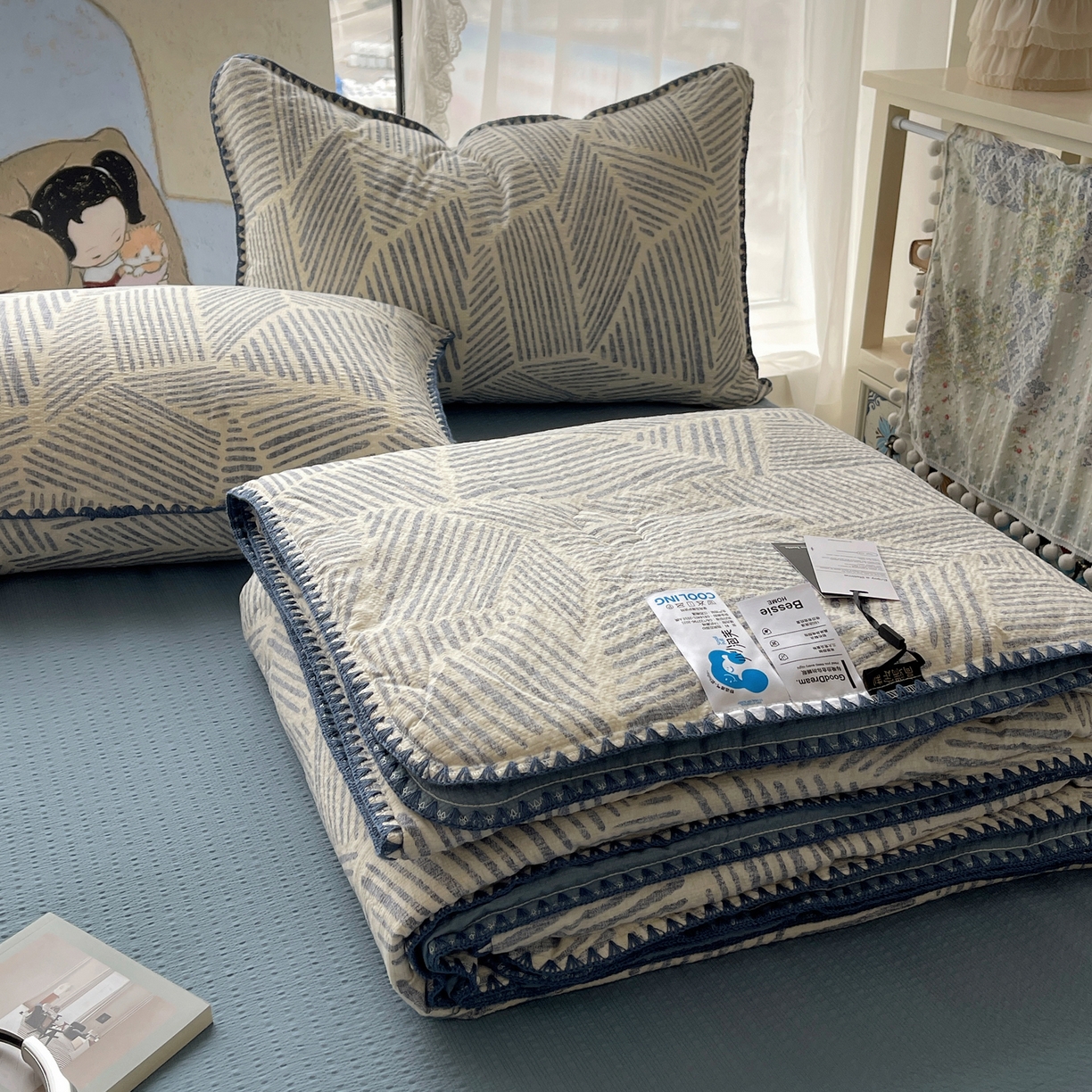 几禾 2026春夏新款泡芙纱贝壳边夏被夏凉被空调被四件套 欧包-浅川纹