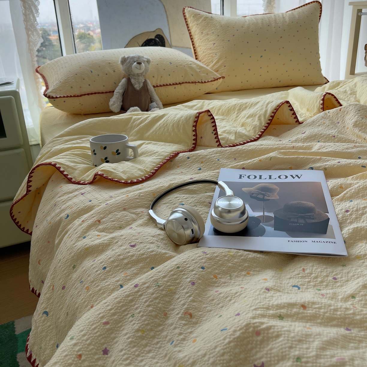 91家纺网 家纺一手货源 找家纺 几禾 2026春夏新款泡芙纱贝壳边夏被夏凉被空调被四件套 欧包-星月糖粒