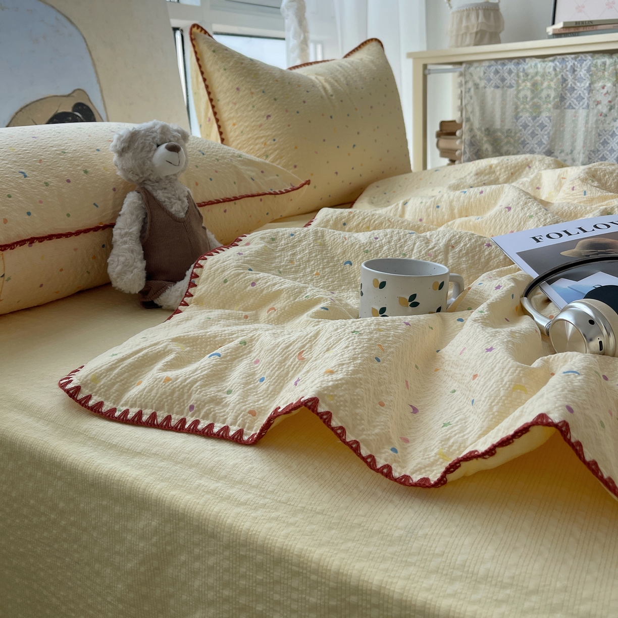 91家纺网 家纺一手货源 找家纺 几禾 2026春夏新款泡芙纱贝壳边夏被夏凉被空调被四件套 欧包-星月糖粒