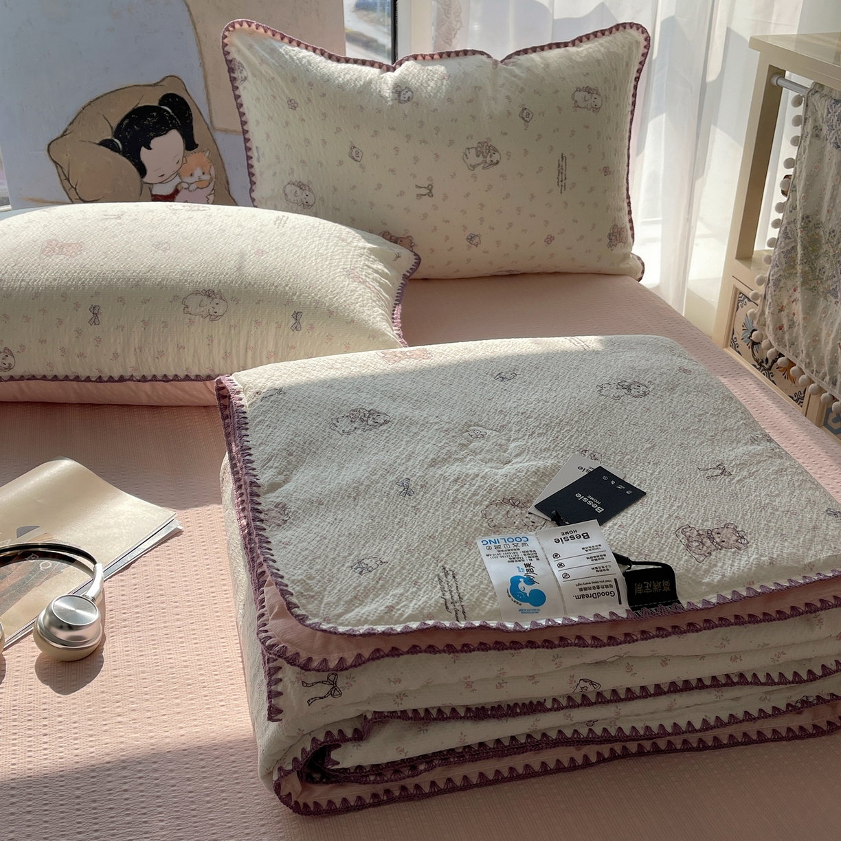 几禾 2026春夏新款泡芙纱贝壳边夏被夏凉被空调被四件套 欧包-悦悦小兔