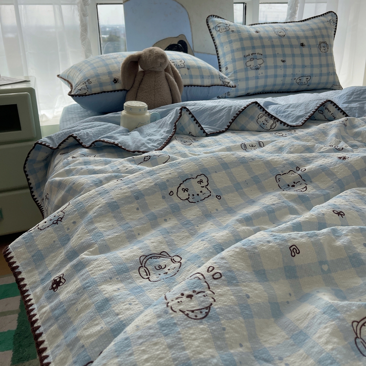 91家纺网 家纺一手货源 找家纺 几禾 2026春夏新款泡芙纱贝壳边夏被夏凉被空调被四件套 欧包-机智蓝狗