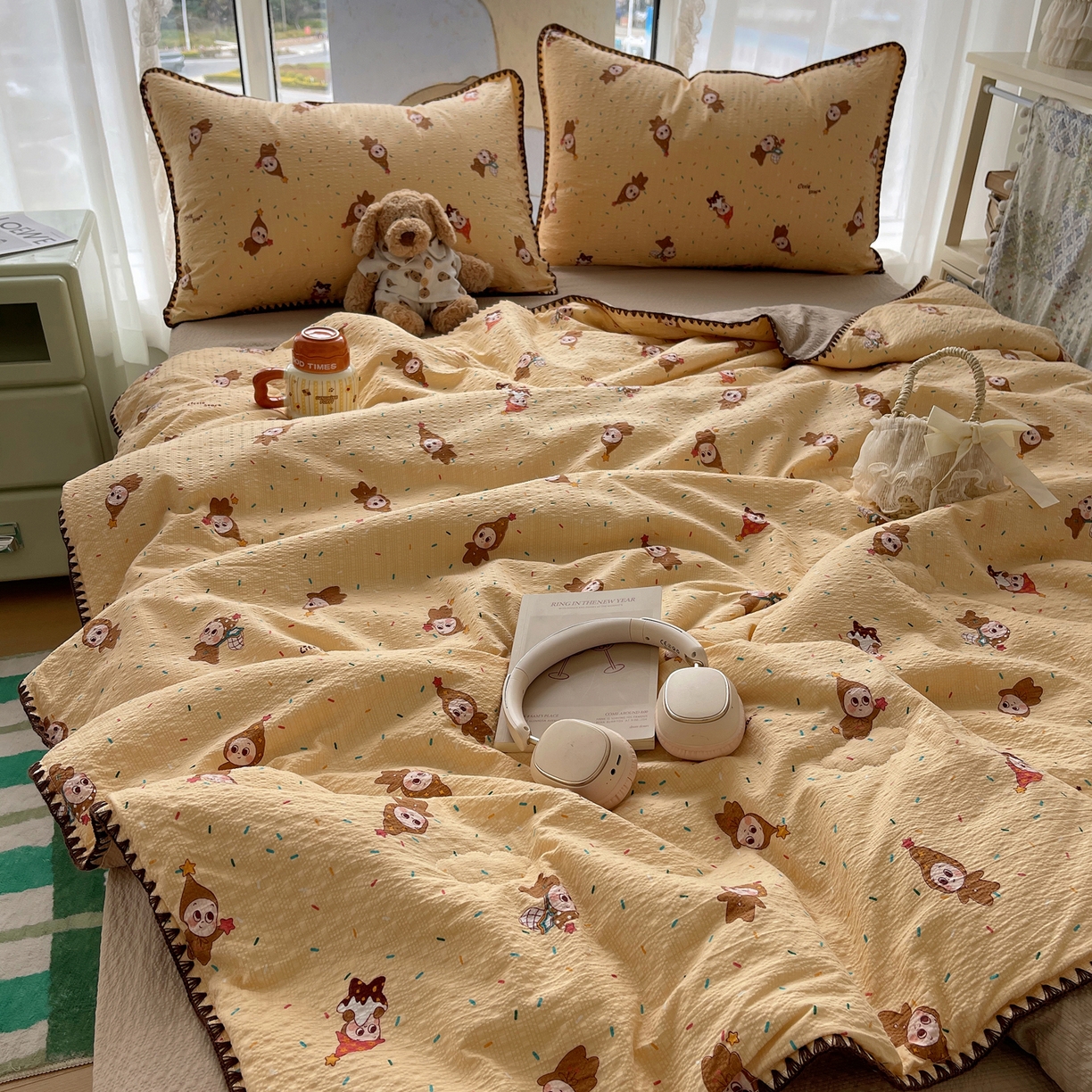 91家纺网 家纺一手货源 找家纺 几禾 2026春夏新款泡芙纱贝壳边夏被夏凉被空调被四件套 欧包-星星糖豆