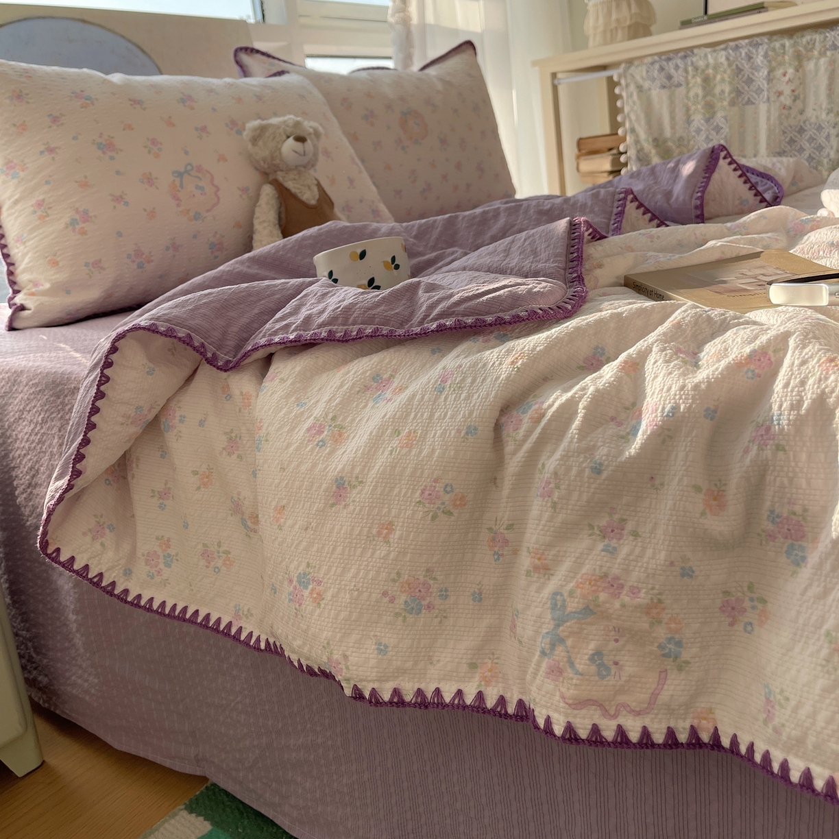 91家纺网 家纺一手货源 找家纺 几禾 2026春夏新款泡芙纱贝壳边夏被夏凉被空调被四件套 欧包-碎花藏甜