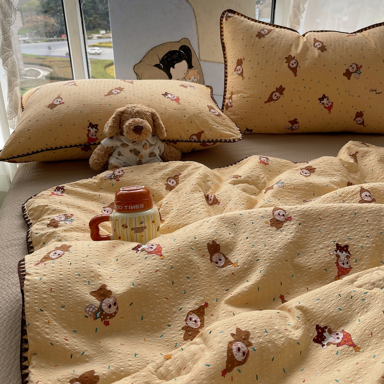 91家纺网 家纺一手货源 找家纺 几禾 2026春夏新款泡芙纱贝壳边夏被夏凉被空调被四件套 欧包-星星糖豆