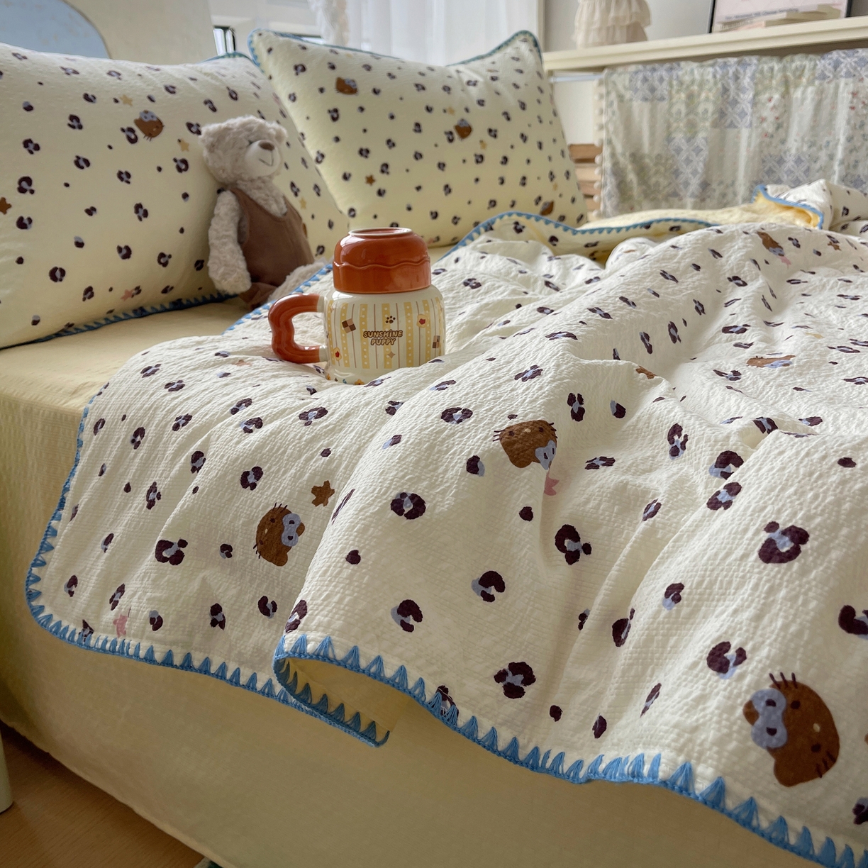 91家纺网 家纺一手货源 找家纺 几禾 2026春夏新款泡芙纱贝壳边夏被夏凉被空调被四件套 欧包-豹纹蓝星