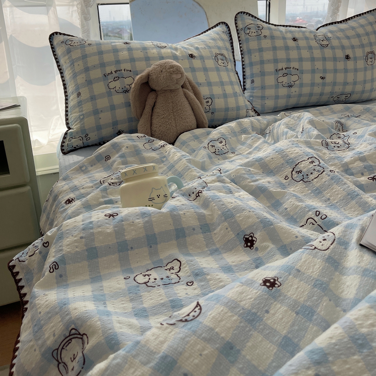 91家纺网 家纺一手货源 找家纺 几禾 2026春夏新款泡芙纱贝壳边夏被夏凉被空调被四件套 欧包-机智蓝狗