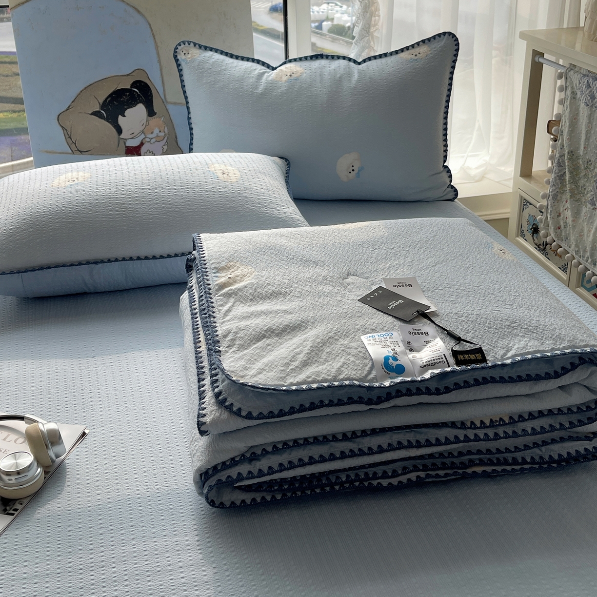 几禾 2026春夏新款泡芙纱贝壳边夏被夏凉被空调被四件套 欧包-蓝领结狗