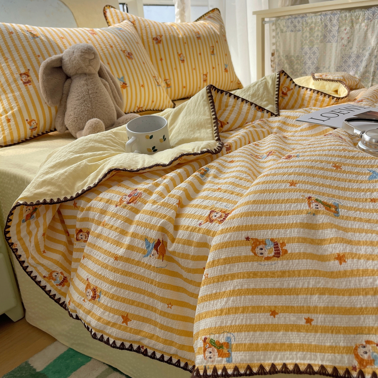 91家纺网 家纺一手货源 找家纺 几禾 2026春夏新款泡芙纱贝壳边夏被夏凉被空调被四件套 欧包-魔法星星