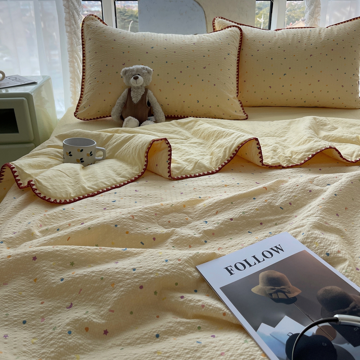 91家纺网 家纺一手货源 找家纺 几禾 2026春夏新款泡芙纱贝壳边夏被夏凉被空调被四件套 欧包-星月糖粒