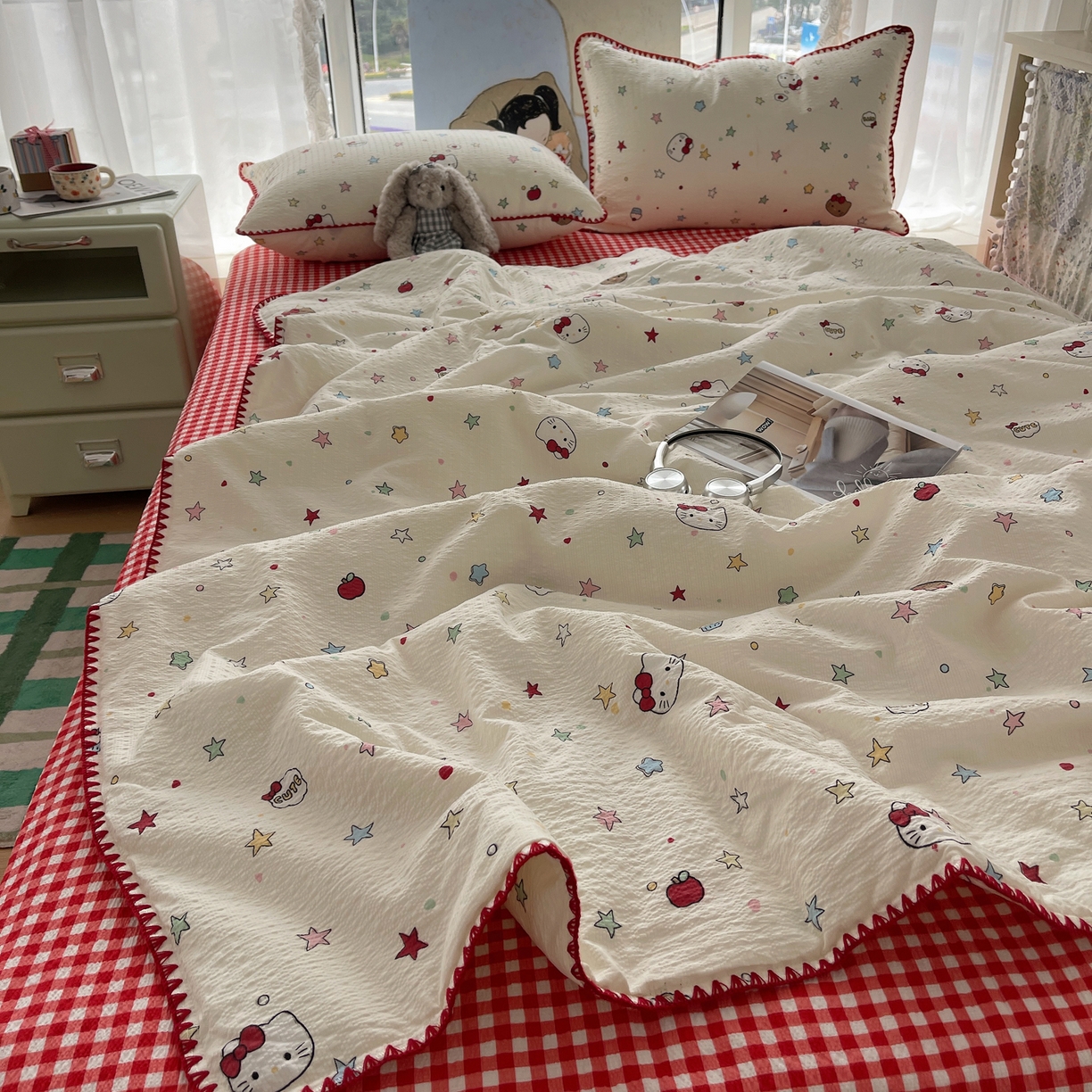 91家纺网 家纺一手货源 找家纺 几禾 2026春夏新款泡芙纱贝壳边夏被夏凉被空调被四件套 欧包-星芒凯蒂