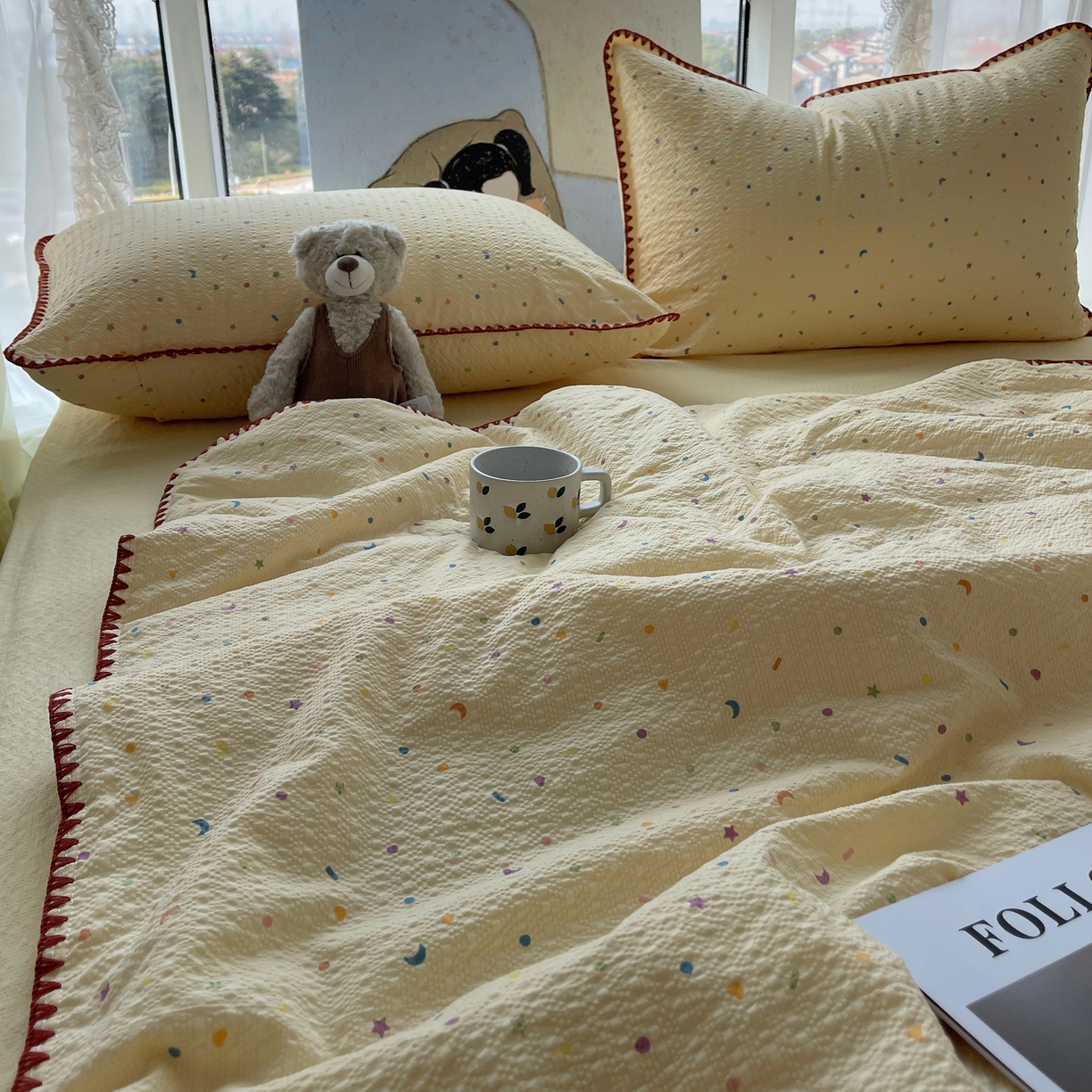 91家纺网 家纺一手货源 找家纺 几禾 2026春夏新款泡芙纱贝壳边夏被夏凉被空调被四件套 欧包-星月糖粒