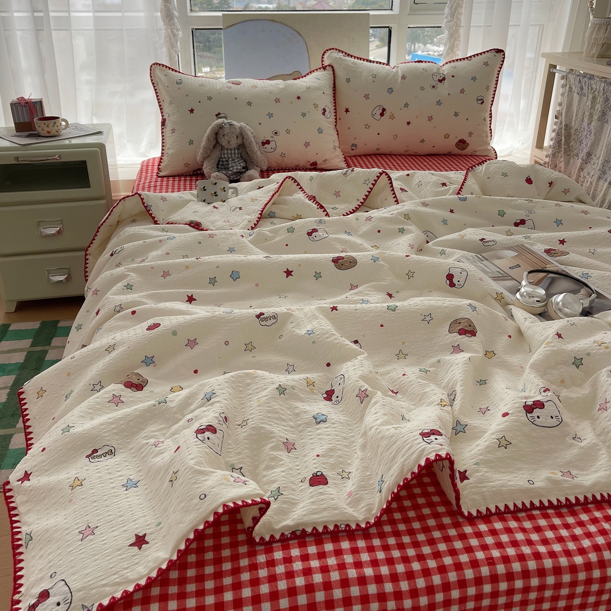 91家纺网 家纺一手货源 找家纺 几禾 2026春夏新款泡芙纱贝壳边夏被夏凉被空调被四件套 欧包-星芒凯蒂