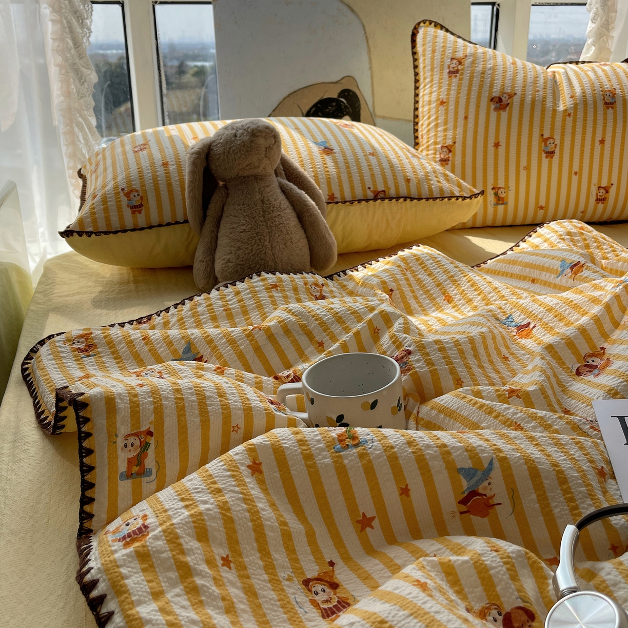 91家纺网 家纺一手货源 找家纺 几禾 2026春夏新款泡芙纱贝壳边夏被夏凉被空调被四件套 欧包-魔法星星