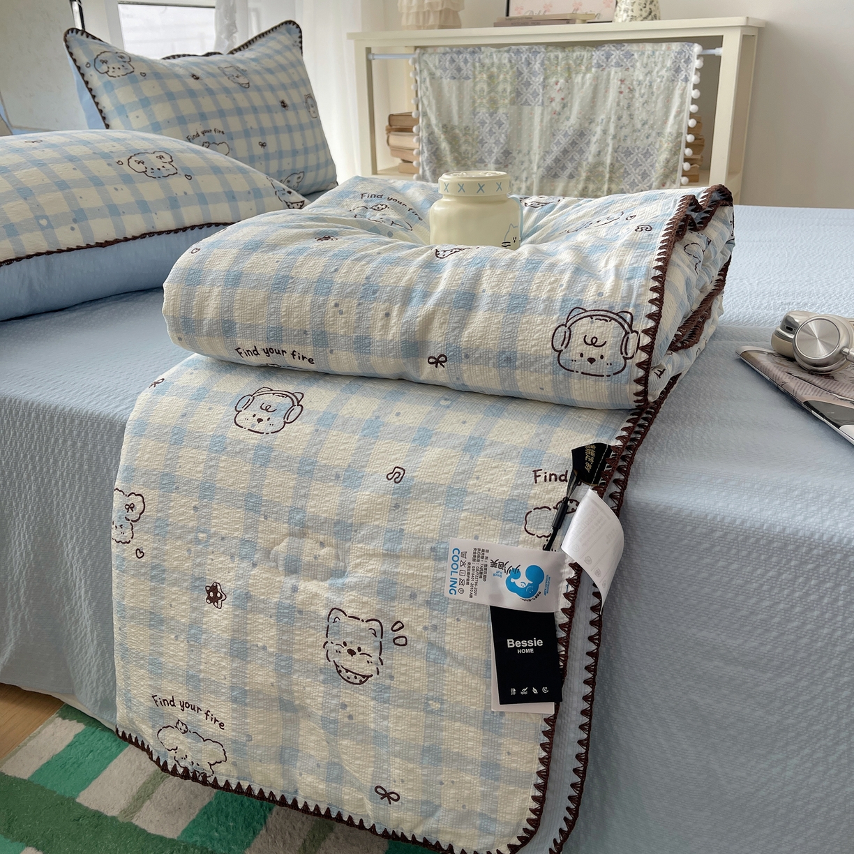 91家纺网 家纺一手货源 找家纺 几禾 2026春夏新款泡芙纱贝壳边夏被夏凉被空调被四件套 欧包-机智蓝狗