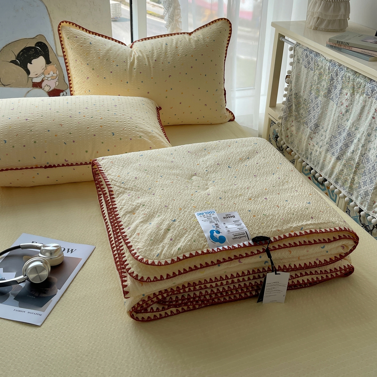 几禾 2026春夏新款泡芙纱贝壳边夏被夏凉被空调被四件套 欧包-星月糖粒