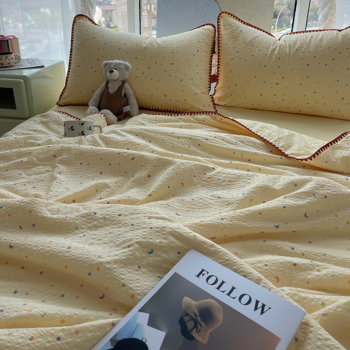 91家纺网 家纺一手货源 找家纺 几禾 2026春夏新款泡芙纱贝壳边夏被夏凉被空调被四件套 欧包-星月糖粒