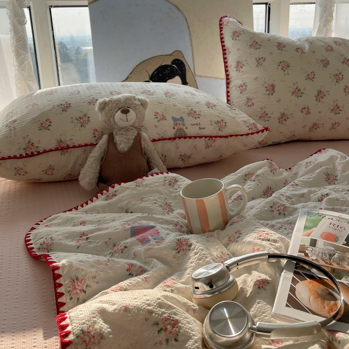 91家纺网 家纺一手货源 找家纺 几禾 2026春夏新款泡芙纱贝壳边夏被夏凉被空调被四件套 欧包-甜卷兔兔