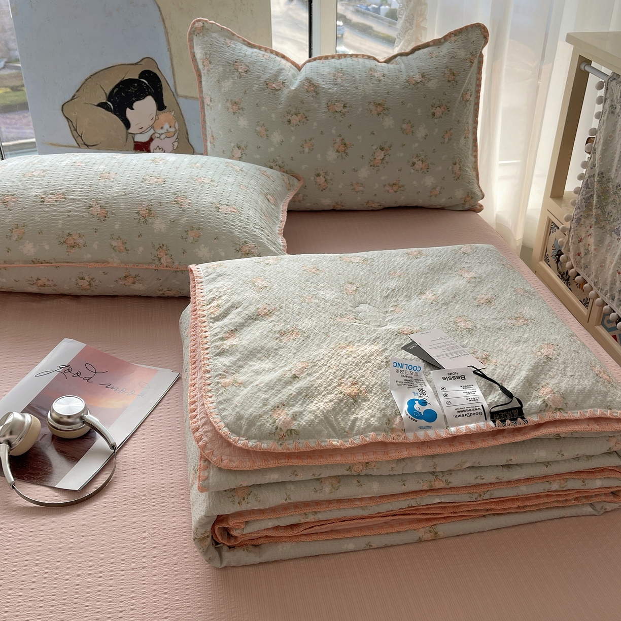 几禾 2026春夏新款泡芙纱贝壳边夏被夏凉被空调被四件套 欧包-柔诗意