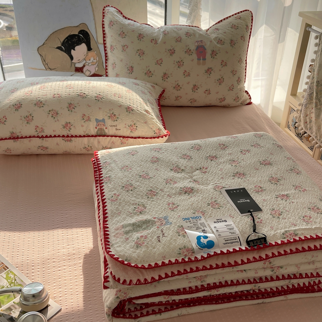 几禾 2026春夏新款泡芙纱贝壳边夏被夏凉被空调被四件套 欧包-甜卷兔兔